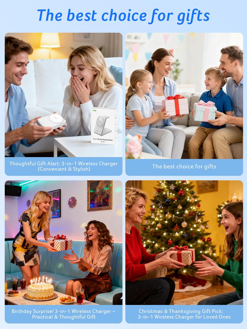 Acer 3 in 1 Wireless Charging Station, MagSafe Charger Stand Compatible, Qi2 15W Certified Palm-Sized Foldable Charger for iPhone 17/16, Apple Watch, AirPods (Non-Battery, Adapter Included)