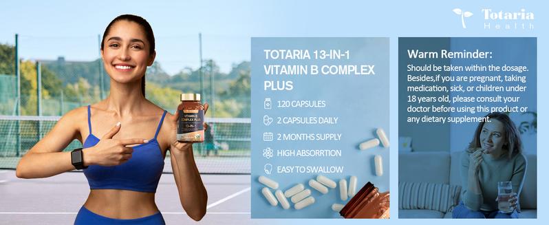 Totaria 13-in-1 Vitamin B Complex Plus with Vitamin B1, B2, B3 (Niacinamide), B4, B5, B6, B7 (Biotin), B8 (Inositol), B9 (Folate), B12, C, D3, K2 - Energy, Nerve, Immune, Skin Support - 120 Vegan Capsules Healthcare Supplement