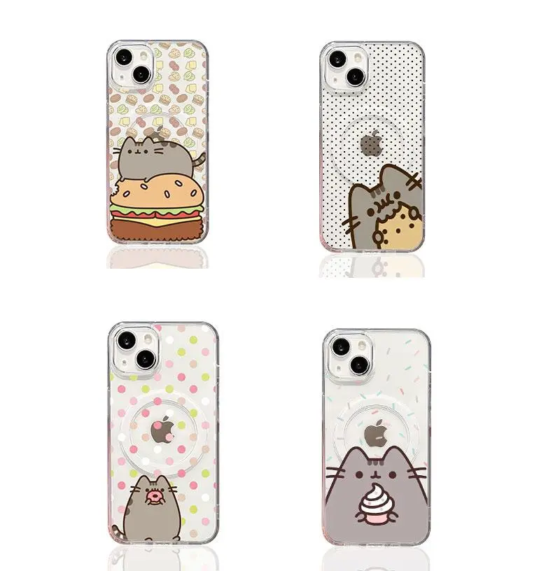 Cute Pusheen Cat Polka Dot Clear Magnetic Case for iPhone 11 12 13 14 15 16 17 Pro Pro Max Kawaii Foodie Pattern MagSafe Wireless Charging Cover