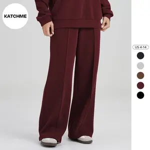 KatchMe Women's Athleisure Seam Design Wide Leg Trousers, Minimalist Solid Color Side Pocket Sweatpants, Simple Style Women's Bottom