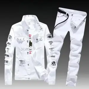 sets for men clothing Spring Autumn Mens Denim Jacket + Jeans Pants Set Fashion Single Breasted Coat Trousers Two Piece Denim suit Clothes Sleeve Sleeved Basic Formal Menswear 2 Piece Denim Outfit Jean Jacket and Jeans Set Denim SGift