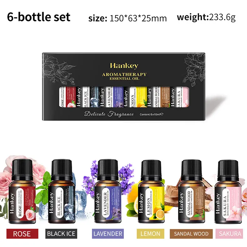 6 Bottles Aromatherapy Essential Oils Set, 10ml Each - Rose, Lavender, Lemon, Sandalwood, Black Ice, Sakura, for Diffuser, Candle Making, Massage, Relaxation, Home & Office Fragrance