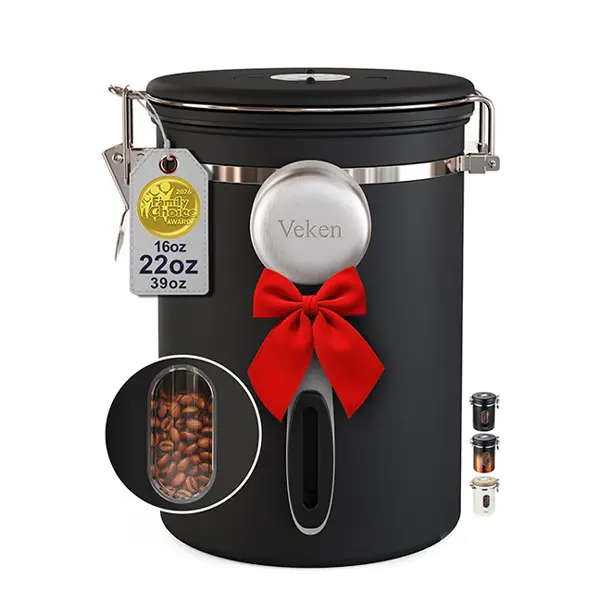 【Veken】 Airtight Coffee Canister with View Window, Game-Changing Stainless Steel Storage Jar with Date Tracker & Scoop, Keep Coffee Fresh For Months, 16OZ Black for Coffee Bean, Flour, Sugar & Tea