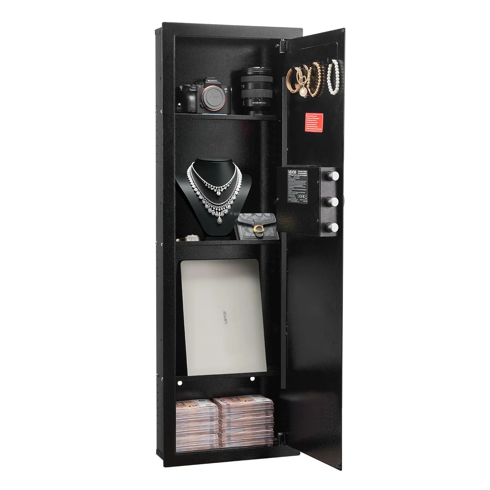 【Summerfinds】VEVOR Wall Safe,4-Tier Hidden Wall Mounted Gun Safe with Password & KeyQ235 Cold-Rolled Steel In-Wall Box with LED Lighting3 Adjustable Shelves & Key Holders for MoneyJewelryPassportBlack