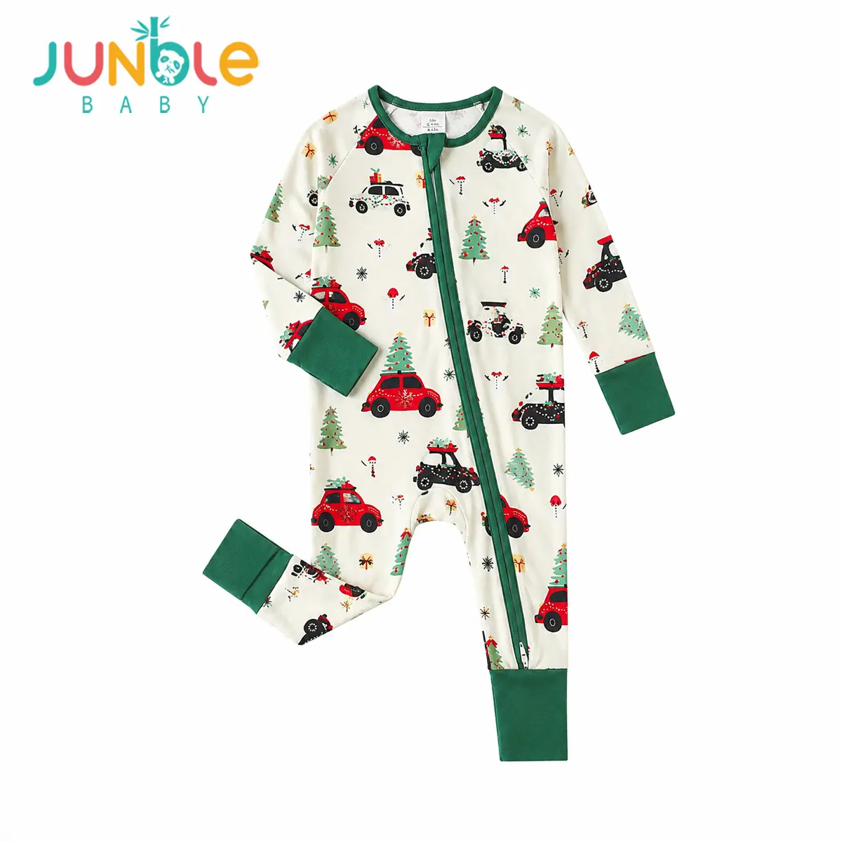 JUNBLEBABY Christmas Car Print Bamboo Romper, Full Length Infant Sleepsuit with Convertible Footies & 2-Way Zipper, Baby Clothing, Vintage, Holiday, Unisex, 2-Way Zipper Closure, Long Sleeve, Bamboo Toddler Outfit, Retro, Double Zipper Onesies