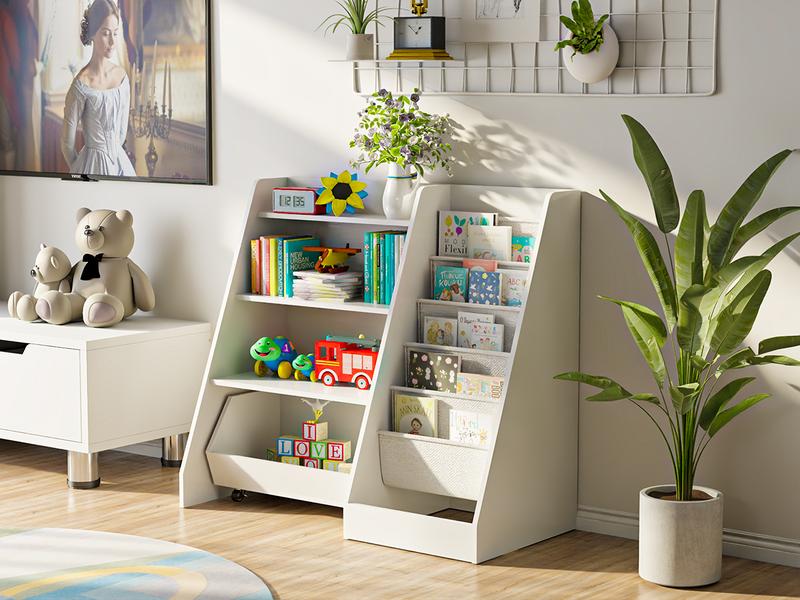 4-Tier Rolling Toy Storage Cabinet for Kids, 5 Layer Sling Toddler kids furniture,Baby Furniture Book Rack,Book and Toy Organizer Cabinet  with Wheels , White.