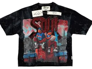 SOUL Cropped T-Shirt Washed Black Bold Rhinestone Lettering Modern Fit Menswear Trendy Tee BKYS Vintage Look Streetwear