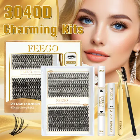 FEEGO Lash Extensions Kit 30D+40D False Eyelash 280 Pcs Individual DIY D Curl 9-16MM Cluster Lashes with Lash Bond and Seal and Tweezers Beauty Brush Makeup Cosmetic