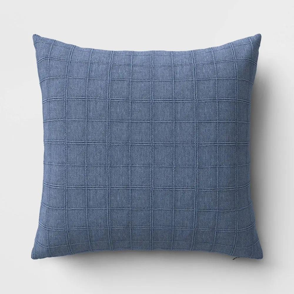 Oversized Woven Washed Windowpane Square Throw Pillow Blue - Threshold: Plaid Design Zipper Closure Indoor Use