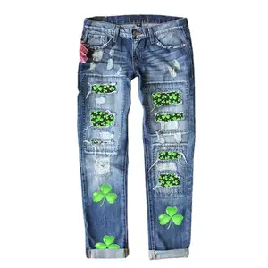 【 St. Patrick's Day 】 2026 New Clover Printed Mid Waist Straight leg Women's Jeans