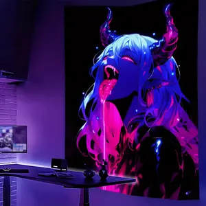 Tapestry Decor 1pc UV-reactive anime tapestry.Mysterious pink demon design glows under blacklight.Soft polyester with vibrant colors and intricate patterns.Perfect for aesthetic bedrooms, party decor, or anime-themed rooms.Durable and eye-catching.