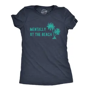 Womens Mentally At The Beach T Shirt Funny Sarcastic Vacation Tee Funny Womens T Shirts Cute Vintage Fashion Casual Ladies T-Shirt Gift Office Tops for Women Funny Summer Top Women's Novelty Tees Navy
