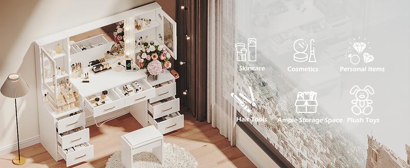 58.3”Vanity Desk with Mirror and Lights & Charging Station,Bedroom Dressing Table,Large Vanity Set,8 Drawers and 2 Cabinets,Makeup Vanity Table with Charging Station, Without Stool