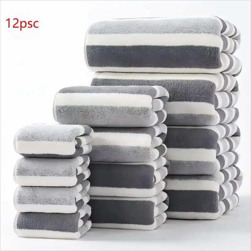 Striped Pattern Premium Bathroom Towel Set, 1 Set Including 4 Counts Bath Towel & 4 Counts Hand Towel & 4 Counts Face Towel, Quick Drying Water Absorbent Towel for Home, Hotel & Spa, Absorbent Thickened Towels, Bath Towel Sets