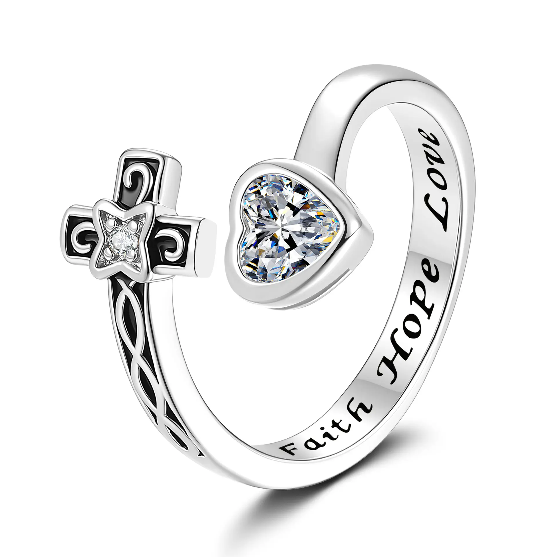 Zircon cross ring, heart-shaped, vintage and stylish, adjustable opening, suitable for couples, perfect for everyday wear and as a gift.
