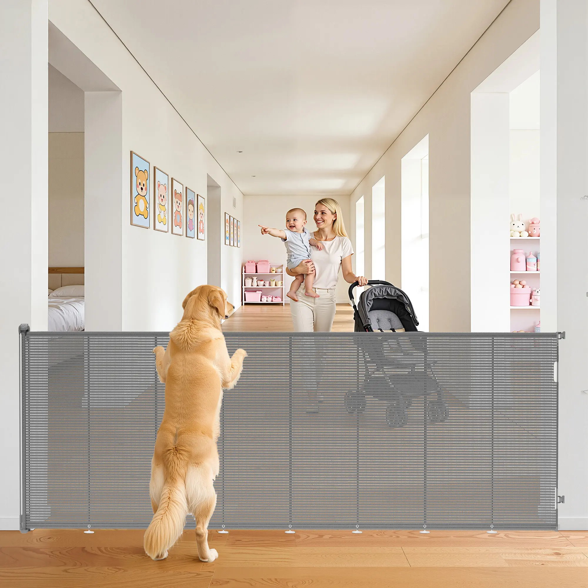 48" Tall X 200" Wide Mesh Dog Gate Indoor, Retractable Baby Gate for Stairs,  Child Gate for Doorways, Hallways, Deck, Indoor Outdoor Pet Baby Safety Essentials for Home, White/Black/Gray, (Drill Needed)