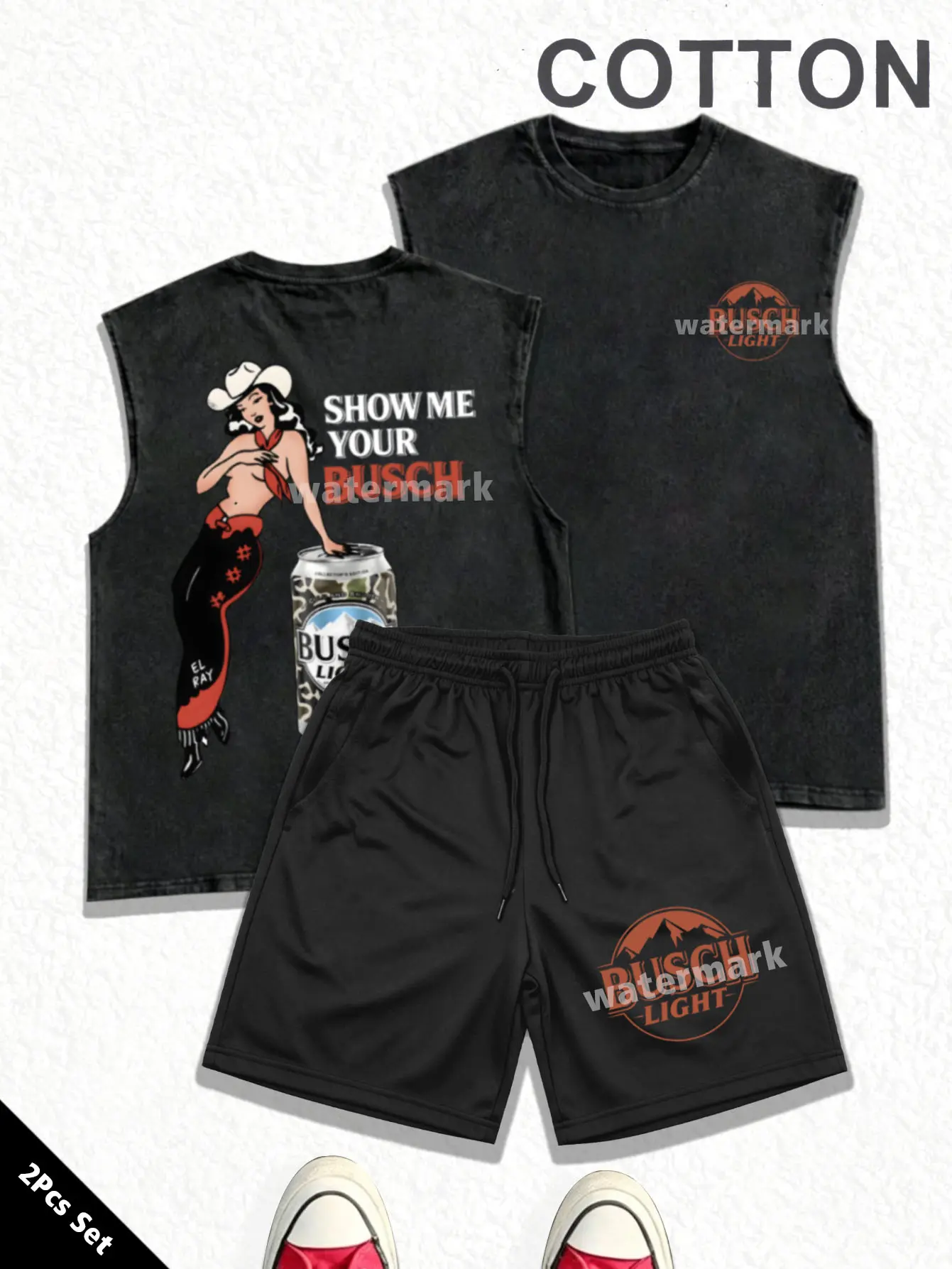 2Pcs Washed Black 2Pcs Summer Outfit Set, Oversized Cotton Sleeveless Tank Top & Drawstring Casual Shorts, Busch Light Show Me Your Busch Retro Cowgirl Camo Beer Can Front Logo & Back Graphic Print, Western Country Bar Streetwear