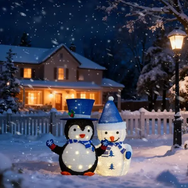 Ubesgoo Set of 2 Lighted Plush Penguin and Snowman Christmas Decorations, Pre-lit Pull Up Holiday Decor with 100 Warm White LED Lights for Xmas Outdoor Indoor Decor Lighted Holiday Displays