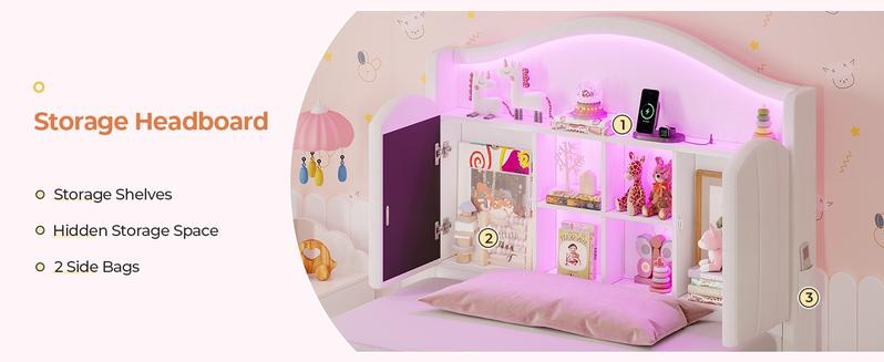 Sikaic Girls Twin Size Bed Frame with 4 Drawers & Hidden Storage Headboard LED Lights Charging Station Velvet Upholstered Strong Metal Slats No Box Spring Needed Noise Free Beige