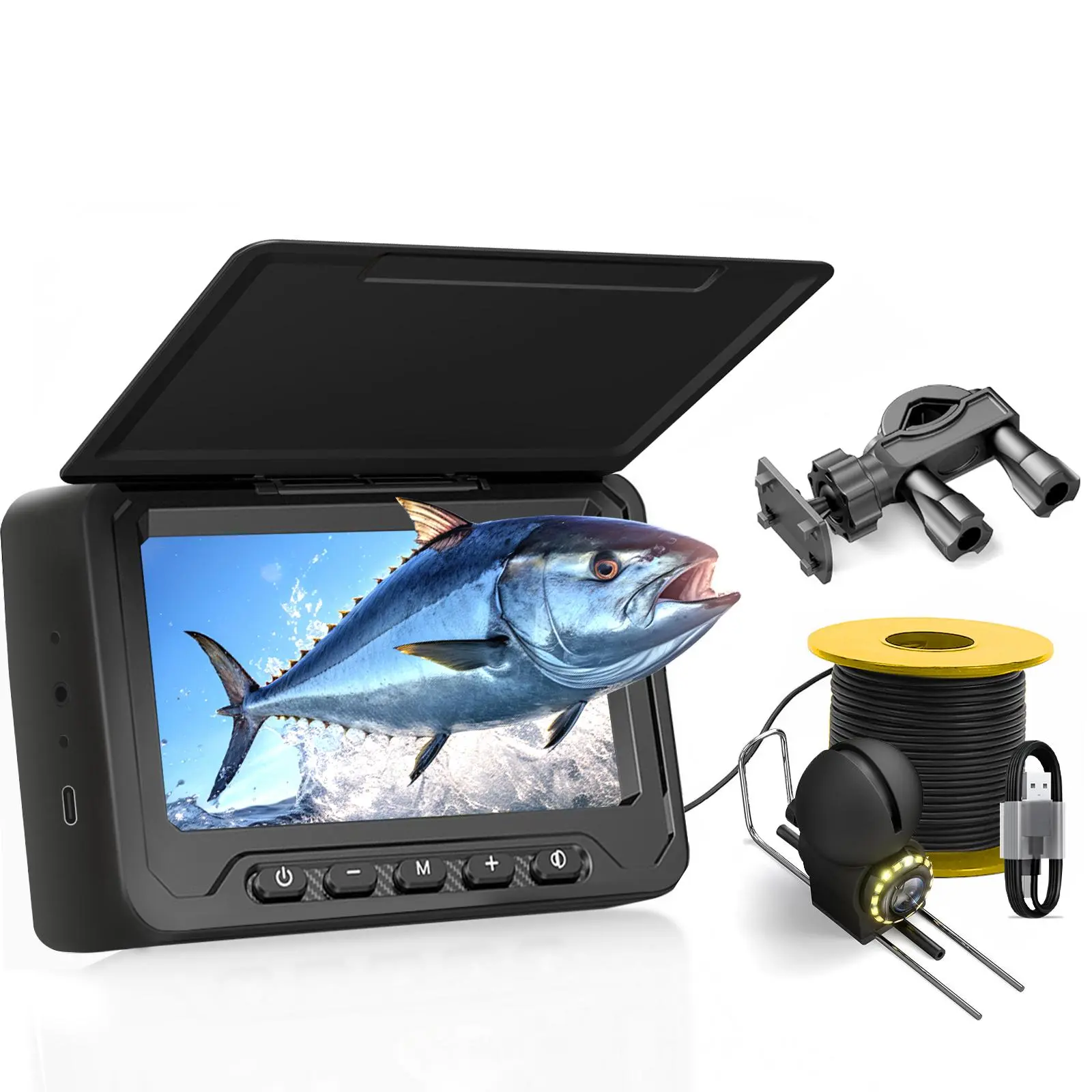 Underwater Camera with Infrared Night Vision Light, Portable Fish Finder, 65ft Cable, 4.3-Inch IPS HD Lens, 100kg Capacity, 2000mAh Battery, Fishing Tackle Bag for Ice Lake, Boat Fishing