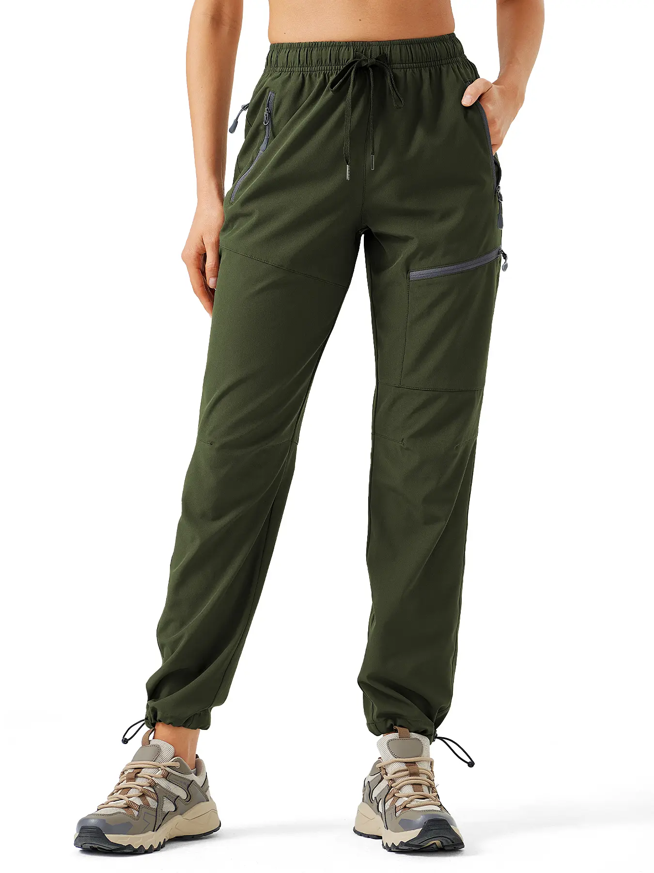 Women's Quick Dry Loose-Fit Cargo Hiking Pants - Elastic Drawstring Waist, Multi-Zip Cargo Pockets, Lightweight Water-Resistant Polyester Outfits for Female Outdoor Travel & Workout, Long