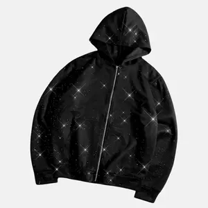 Unisex trendy sweatshirt: lightweight zip-up hoodie cardigan with rhinestone accents; subtle micro rhinestones create a sparkling texture, street style. Casual Womenswear