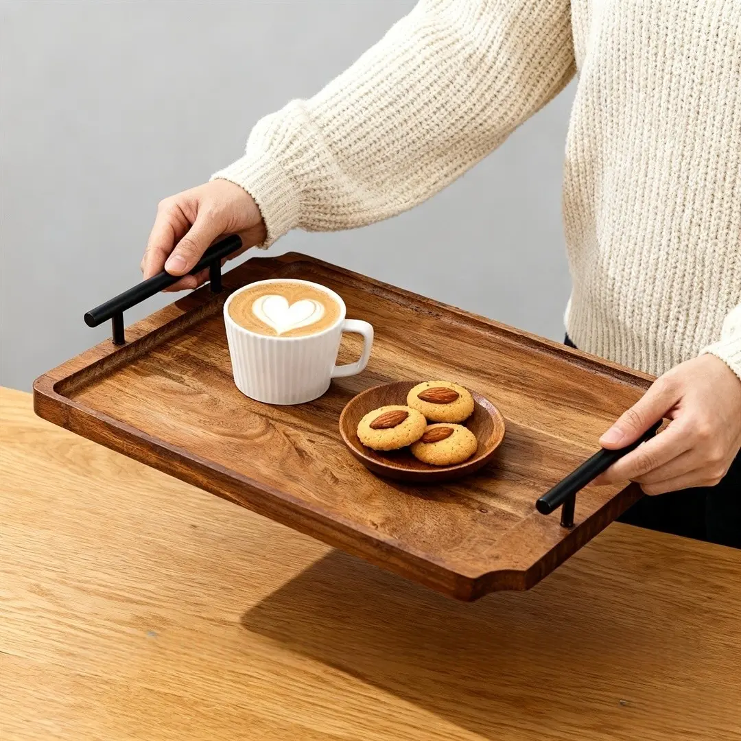Vintage Wooden Tray with Handle, Rustic Aesthetic Design for Breakfast, Coffee, Parties, Kitchen Decor, Gift Idea, Real Wood Material