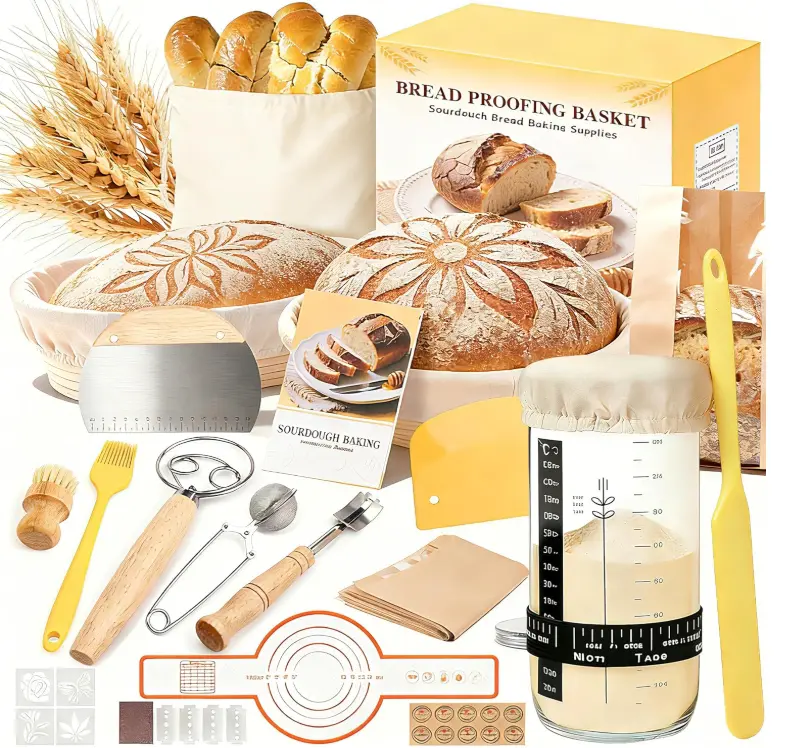 Sourdough Starter Kit, Sourdough Bread Baking Supplies, Round & Oval Banneton Bread Proofing Basket, Bread Sling, Starter Jar, Dough Whisk, Scrapers, Stencils & Bag, Complete Sourdough Kit Gifts