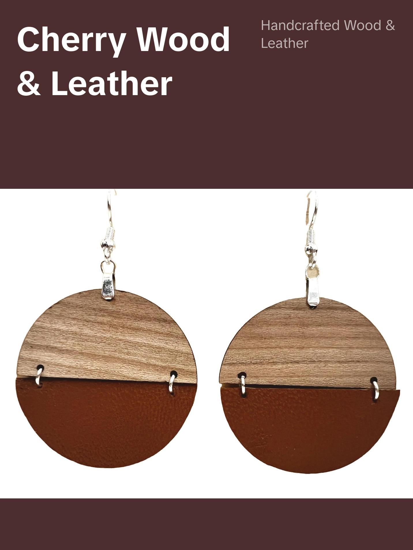 Genuine Cognac Leather and Cherry Earrings Silver S925 clamp style hooks