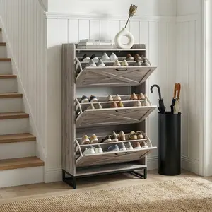 FCH Barn Door Shoe Storage Cabinet, 3 Flip Drawers Entryway Organizer with Top Baffle, Freestanding Anti-Tip Shoe Rack for Hallway,  Gray