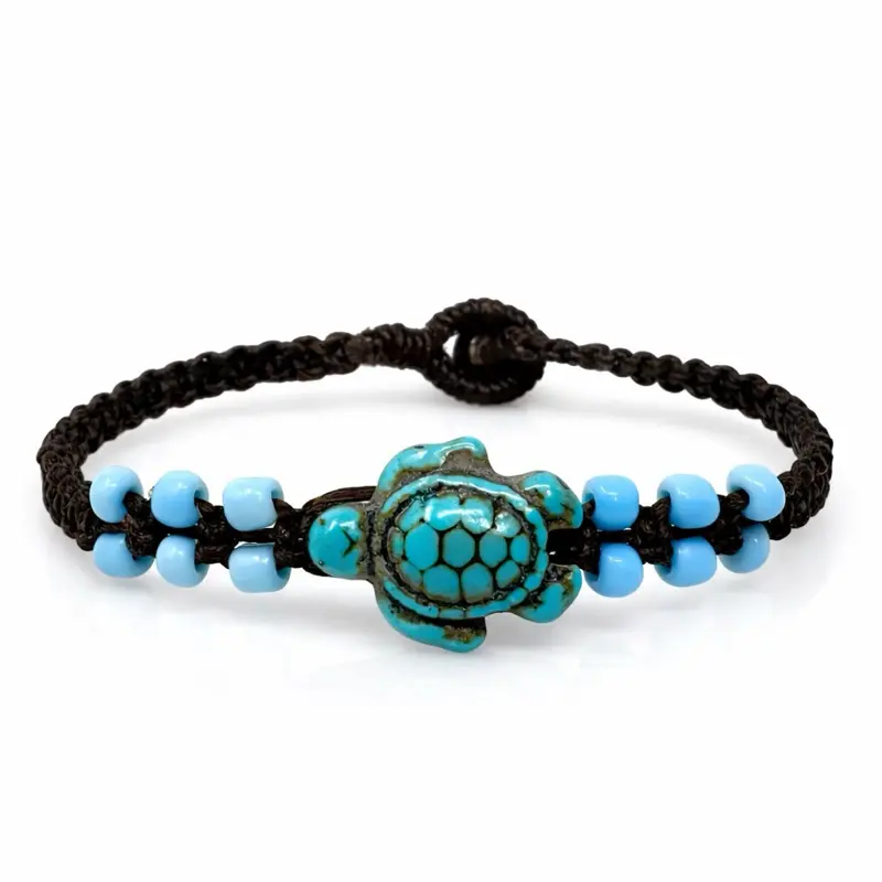 Turtle Macrame Bracelet Blue Bead Bracelet Unisex Boho Beach Jewelry Button Loop Closure