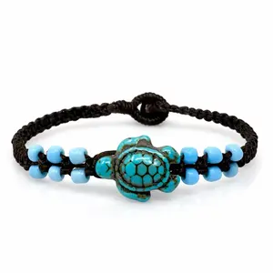 Turtle Macrame Bracelet Blue Bead Bracelet Unisex Boho Beach Jewelry Button Loop Closure