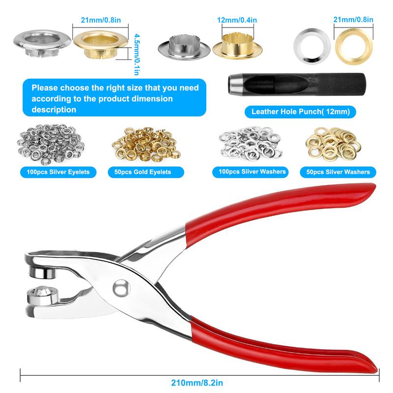150Pcs Grommet Tool Kit w/ Eyelet Pliers - 1/2 inch Eyelets w/Leather Hole Punch,Eyelet Grommet Hand Press kit for Leather Belt Shoes Crafting repair