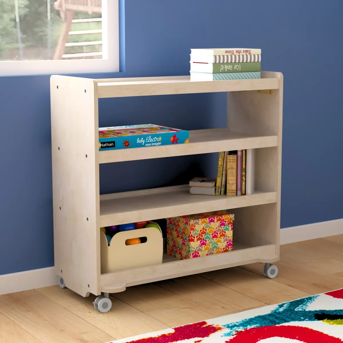 Flash Furniture MK-KE24114-GG Bright Beginnings Commercial Grade Space Saving 4 Shelf Wooden Mobile Classroom Storage Cart with Locking Caster Wheels, Kid Friendly Design, Natural