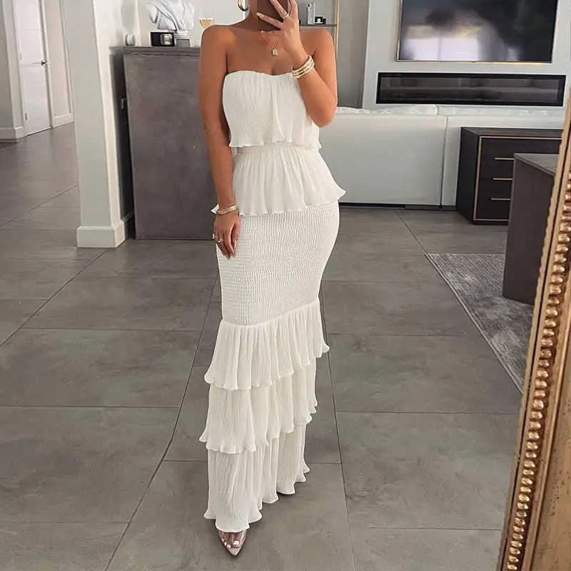 CHICME Women's Bandeau Shirred Ruffle Hem Wedding Guest Layered Sleeveless Dress/sundress Womenswear