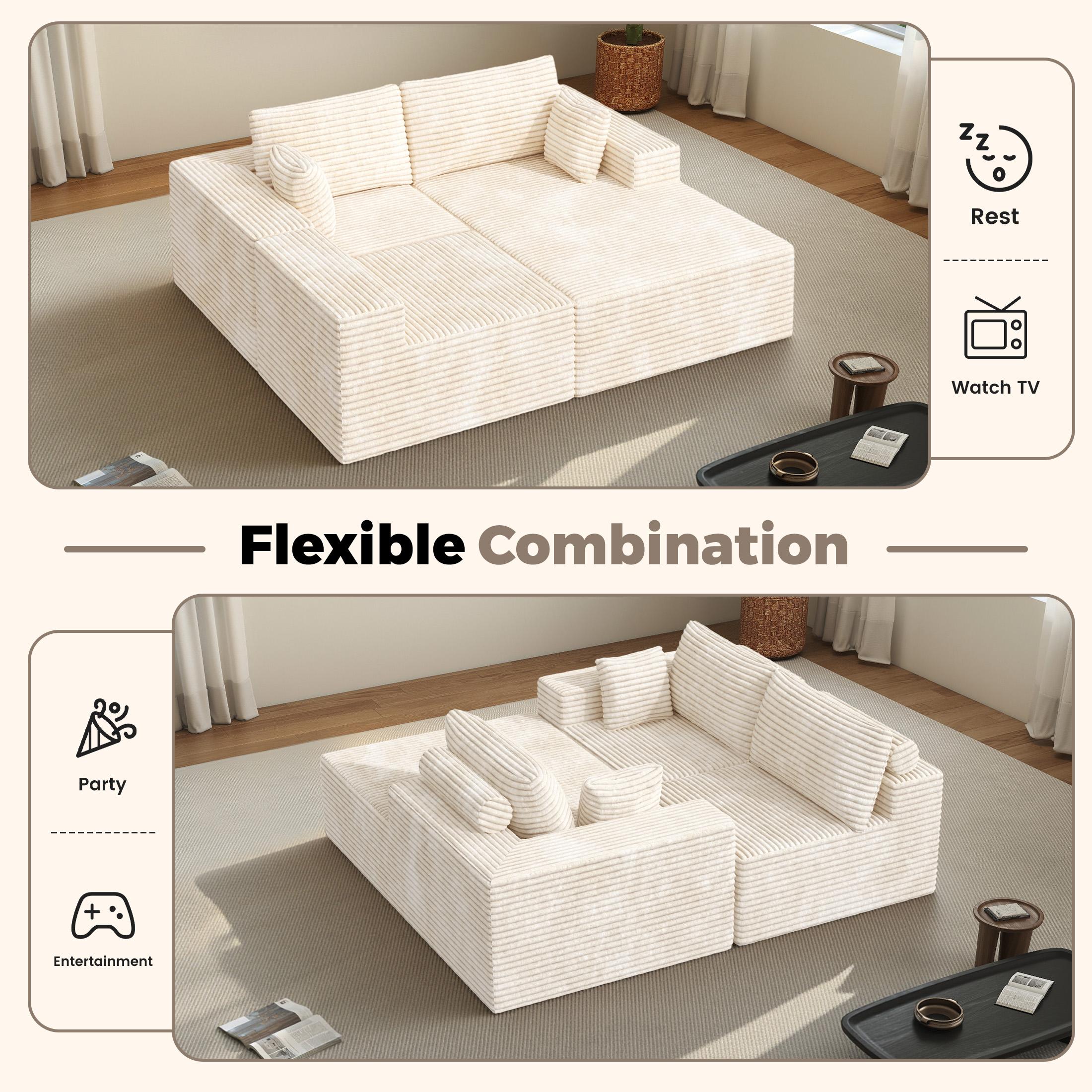 【Shipped in Two Packages】111" L-Shaped Corduroy Modular Sectional Sofa With Chaise, Deep Seat Foam Couch With Removable Pillows, No Assembly
