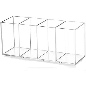 Acrylic Pen Holder with 4 Compartments Clear Pencil & Makeup Brush Organizer, Multi-Section Desk Storage for Office, School & Vanity, Transparent Desktop Organizer Cup