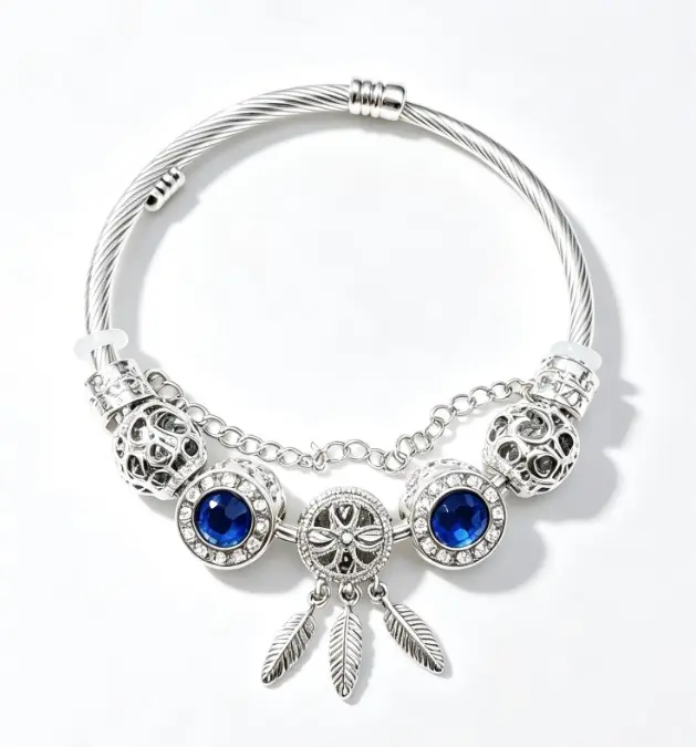 Dreamcatcher Feather Charm Silver Twisted Cable Bangle, Pink & Blue Crystal Rhinestone Hollow Bead Bracelet, Luxury Jewelry Gift for Women