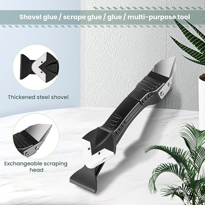 Silicone Caulking Tool, 3 in 1 Silicone Remover Multi Tool, Glazing Compound Finishing Tool, Caulk Remover Tool, Grout Scraper Kit for Bathroom, Kitchen, Floor, Window, Sink Joint, Frames Seal