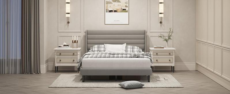 Queen Bed Frame with Modern Wingback Headboard Velvet Platform Solid Wood Slats No Box Spring Required Easy Assembly Light Beige Queen Bed Frame with Modern Wingback Headboard Velvet Platform Solid Wood Slats No Box Spring Required Easy Assembly Light Beige