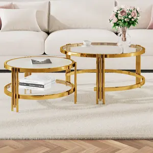 Modern 32.75'' Round Nesting Coffee Table set 2 Pieces Gold Finish Couch Table with Tempered Glass Desktop and Golden Metal Legs Luxury Circle Table for Living Room Office Home Easy Clean and Sturdy
