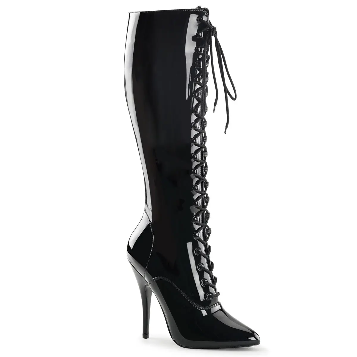 Pleaser Seduce-2020 Women's Knee-High Leather Boots, Lace-Up Footwear Fashion, 5" Stiletto Heel, Full Side Zipper, Classic All-Season Evening Shoes, Daring Allure, Rubber Sole, Boot