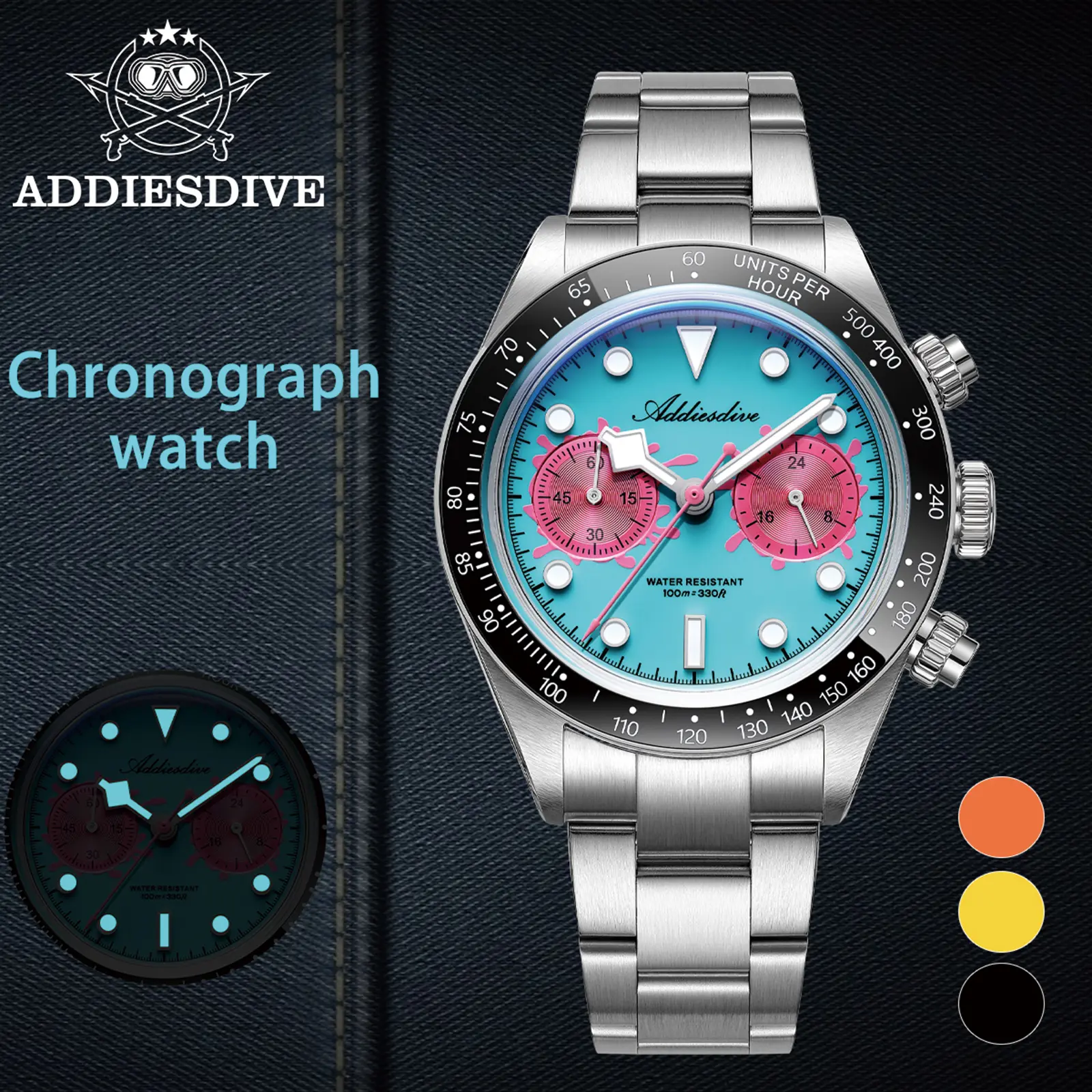 ADDIESDIVE Men's Casual Watches - VK64 Chronograph Watch Domed Crystal Hybird Movement 100m Waterproof Super Luminous 316L Stainless Steel Watch Mens Business Watch