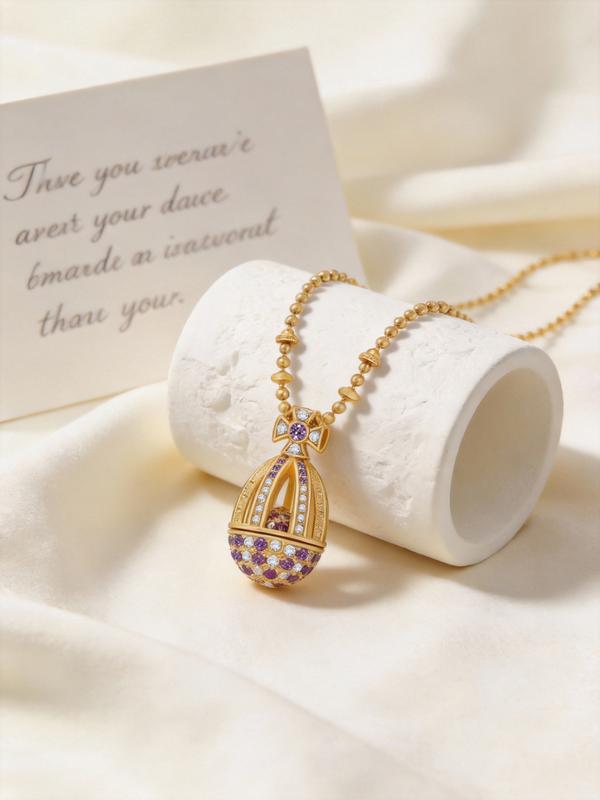 Star Chain Peach Pink Cubic Zirconia Egg Pendant Necklace Elegant Luxury Sparkling Golden Jewelry Gift for Women Fashion Pendant Necklace