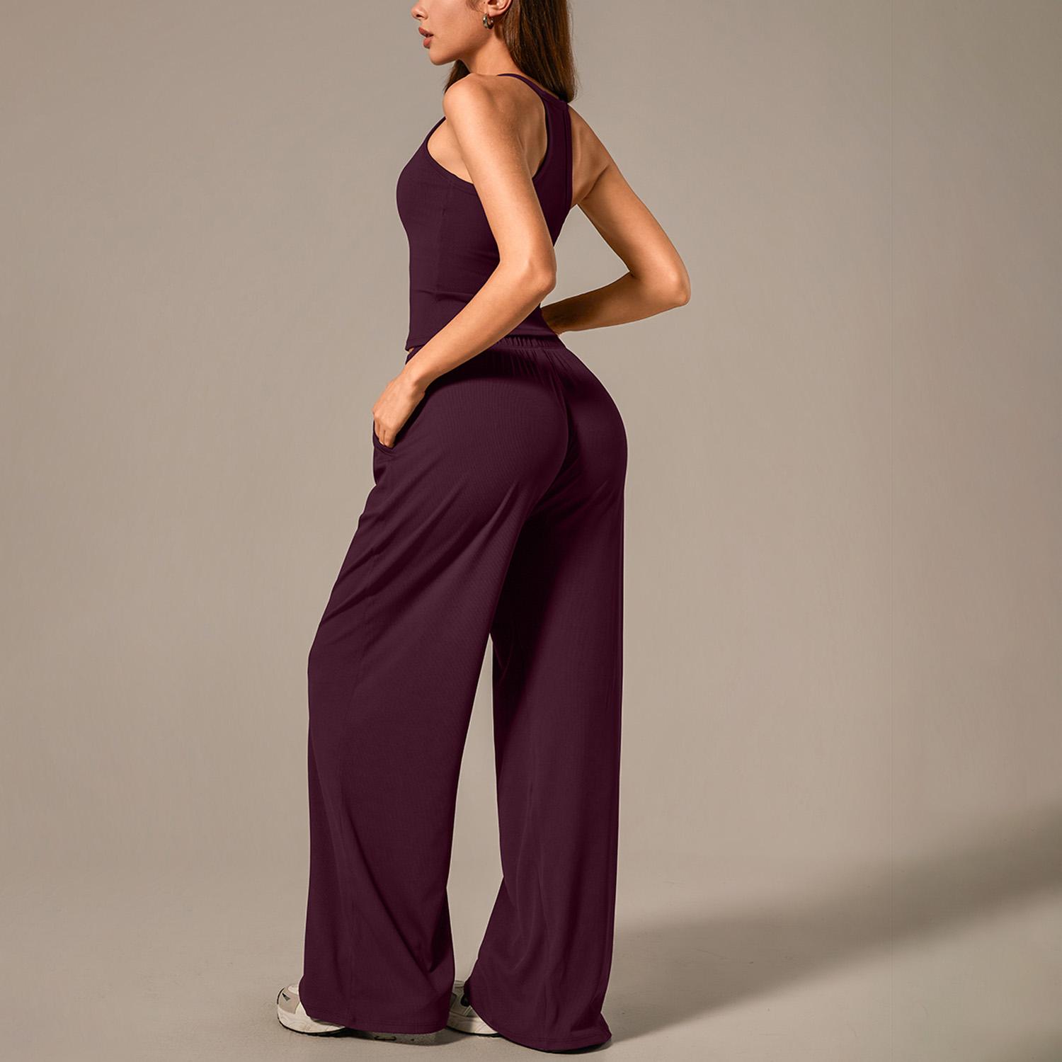 TimeOFF Women's Ribbed Two-Piece Set – Sleeveless Tank Top & Wide-Leg Pants with High Stretch Fabric, Pocket Design & Flexible Fit for Comfortable Movement & Secure Storage, Ideal for Casual Outings, Yoga & Daily Wear