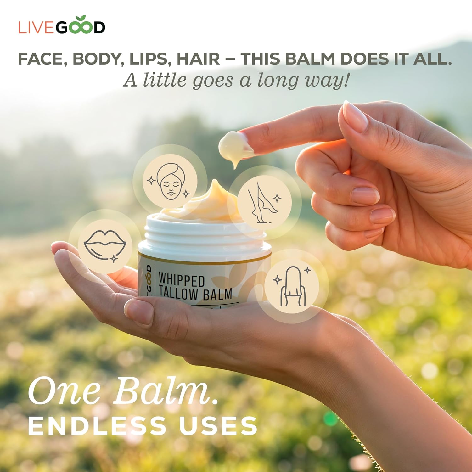 LiveGood Whipped Tallow Balm, Grass Fed Beef Tallow for Skin with Vitamins A, D, E, K, Deeply Moisturizing Beef Tallow Moisturizer for Face and Body Hydration