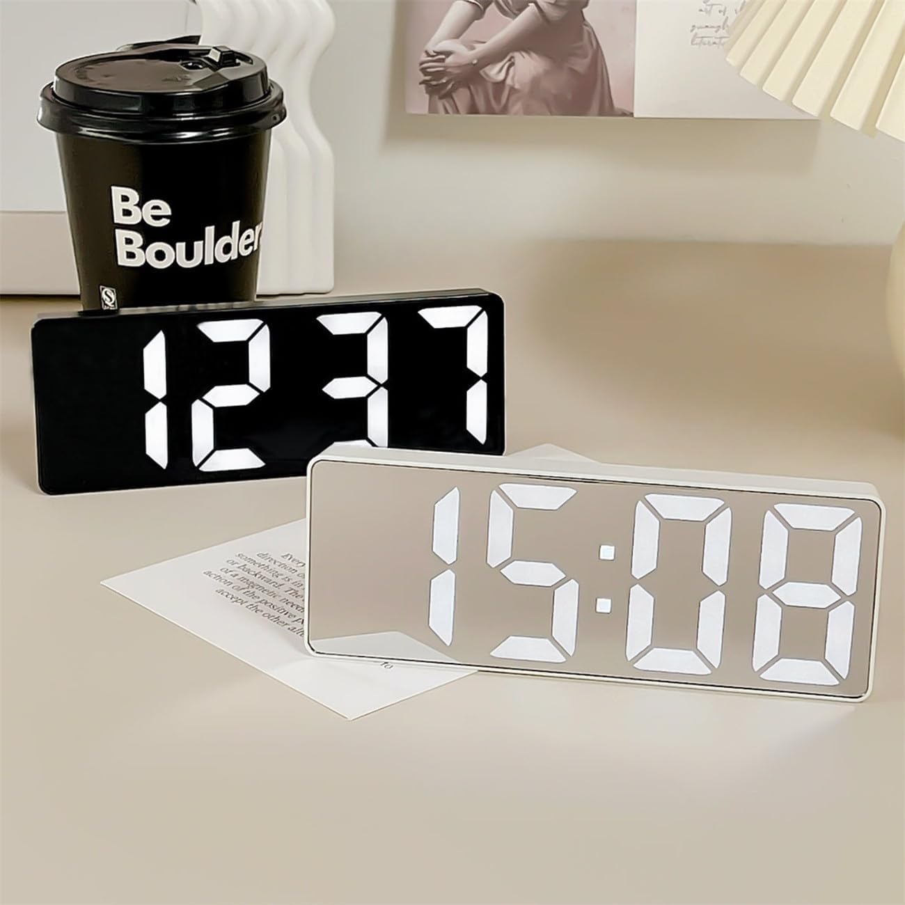 Mini Size Mirror LED Clock Simplicity Colorful Alarm Clocks Ultra Portable Travel Bedroom Bedside Clock 12/24H Display 6.3inches Large Display LED Digital Snooze Time Date Temperature Memory 3 Brightness Adjustable USB/Battery Powered Living Office Desk