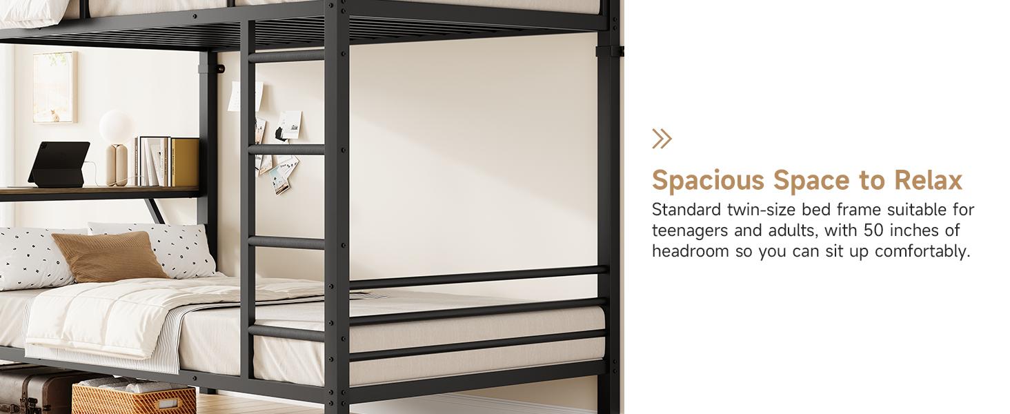 【SPOTLIGHT DAY】ONBRILL Bunk Bed Twin Over Twin, Bunk Beds with Power Desk & Outlet, Metal Bunkbeds Frame with Safety Guardrail & Ladders, Upper Bed with Storage Rack, Heavy-Duty
