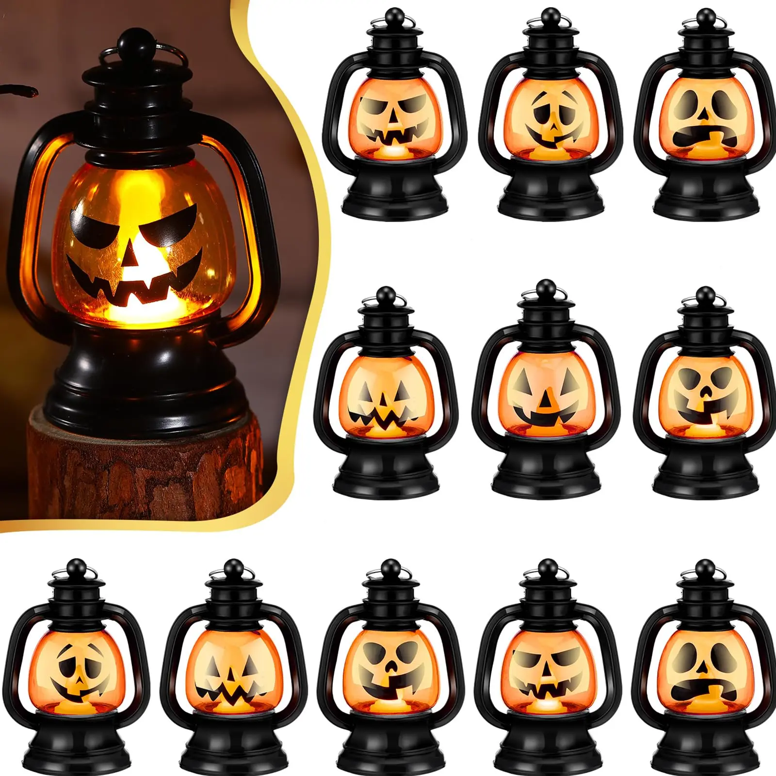 12/24 Pcs Halloween Mini Pumpkin Lantern 3.54" Jack O Lantern Halloween Lamp with Flickering LED Candle Horrible Expression  for Indoor Outdoor Party Decor Table Centerpiece Sidewalk Trick or Treat Gifts Boo Baskets for Coworkers Boys Girls Students