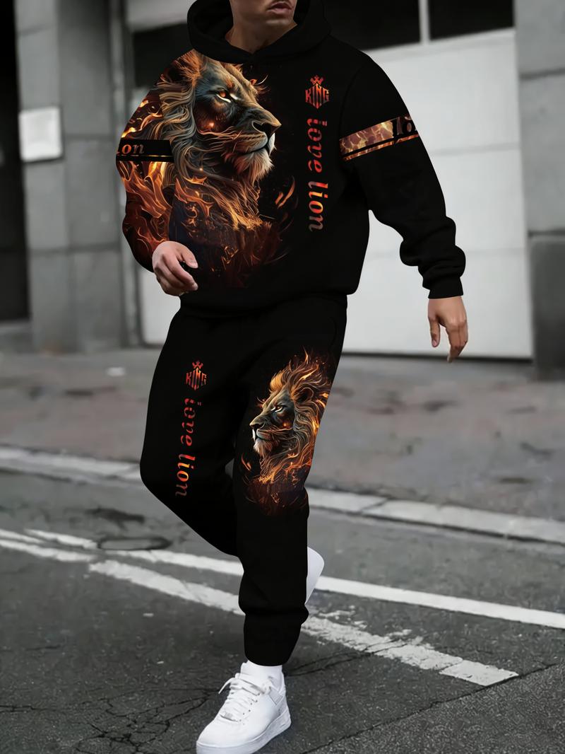 Men's 3D Lion Print Hooded Sports Jacket and Pants Set Casual Sportswear, Hooded Long Sleeve Top with Pocket Design, Regular Fit Knitted Fabric, Comfortable for All Seasons, Animal Pattern